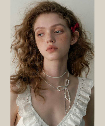 White Alloy Pearl Bow Chain Tassel Double Pendant Necklace