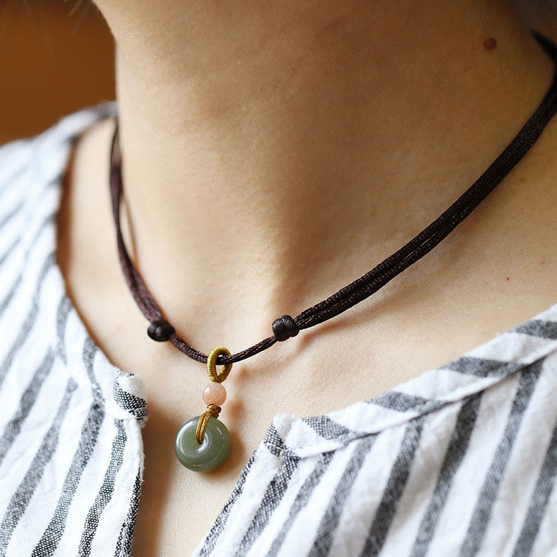 Buddha Stones Natural Round Jade Peace Buckle Lotus Abundance String Necklace Pendant
