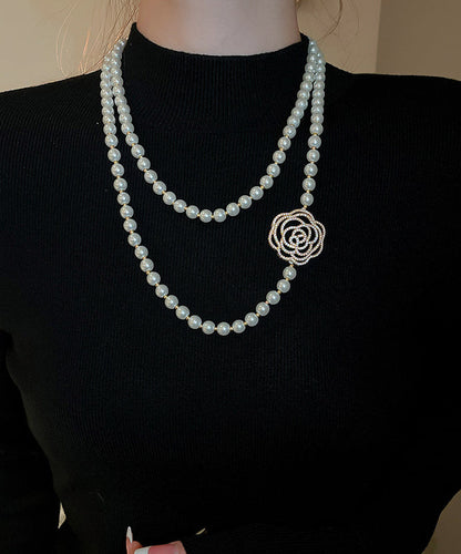 Simple White Copper Zircon Pearl Camellia Sweaters Pendant Necklace