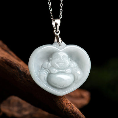 Buddha Stones Laughing Buddha White Jade Luck Blessing Titanium Steel Chain Necklace Pendant