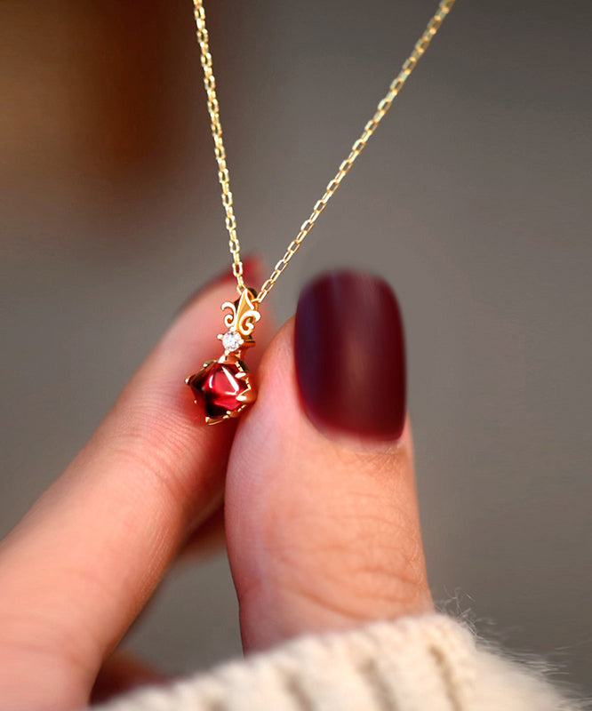 Red Garnet Adjustable 14k Gold Pendant Necklace