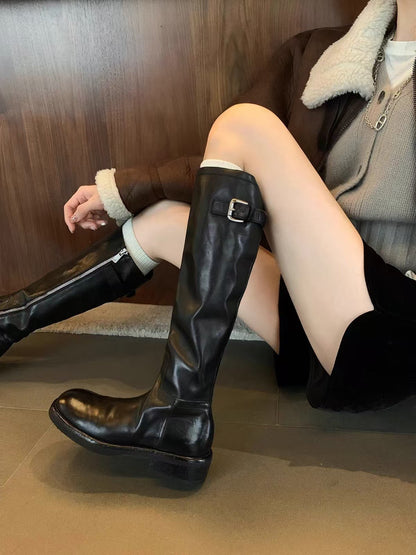 Washed Horse Round Toe Belt Buckle Thick Boots