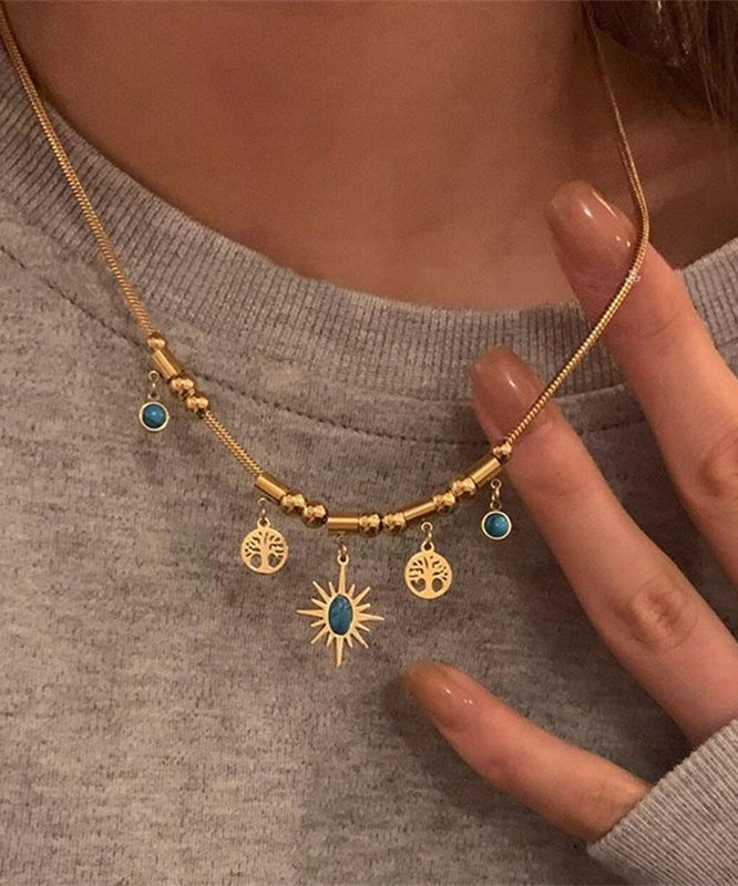 Gold Sterling Silver Overgild Turquoise Sunflower Tassel Pendant Necklace