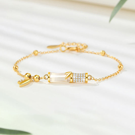 Buddha Stones 925 Sterling Silver 18k Gold Plated White Jade Bamboo Zircon Leaf Luck Bracelet