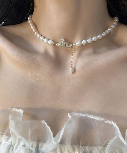 White Sterling Silver Alloy Zircon Butterfly Pearl Lariat Necklace
