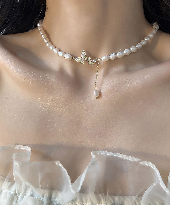 White Sterling Silver Alloy Zircon Butterfly Pearl Lariat Necklace