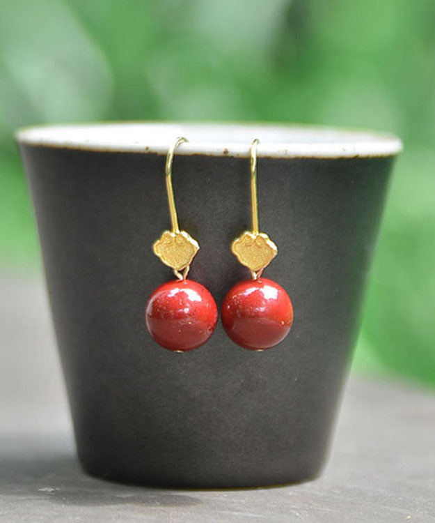 Classy Red Sterling Silver 18k Gold Cinnabar Drop Earrings