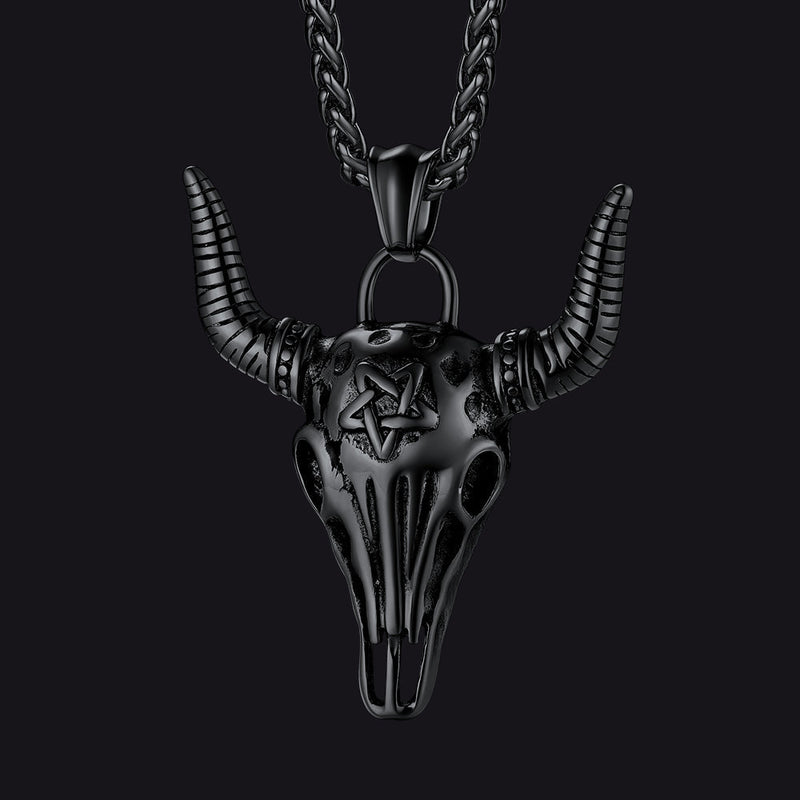 Flash Satanic Bull Cow Skull Necklace With Invert Pentagram for