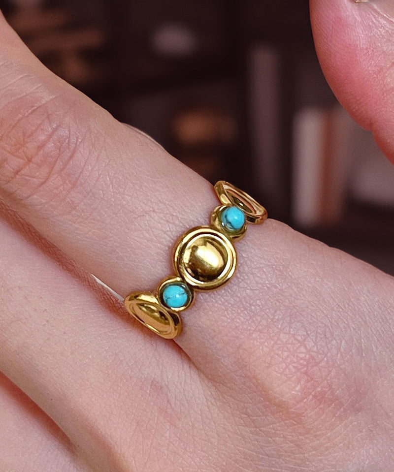 Gold Sterling Silver Overgild Turquoise Gem Stone Ring Three Piece Set Ring