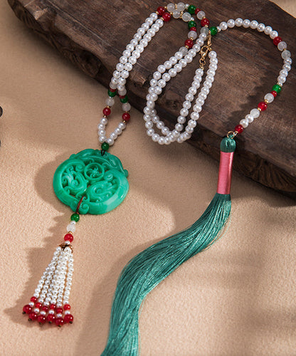 Green Alloy Jade Pearl Beading Tassel Pendant Necklace