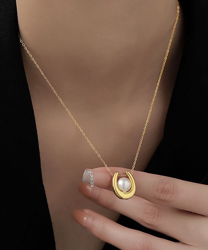 Stylish Gold Sterling Silver Overgild U-shape Pearl Lariat Necklace