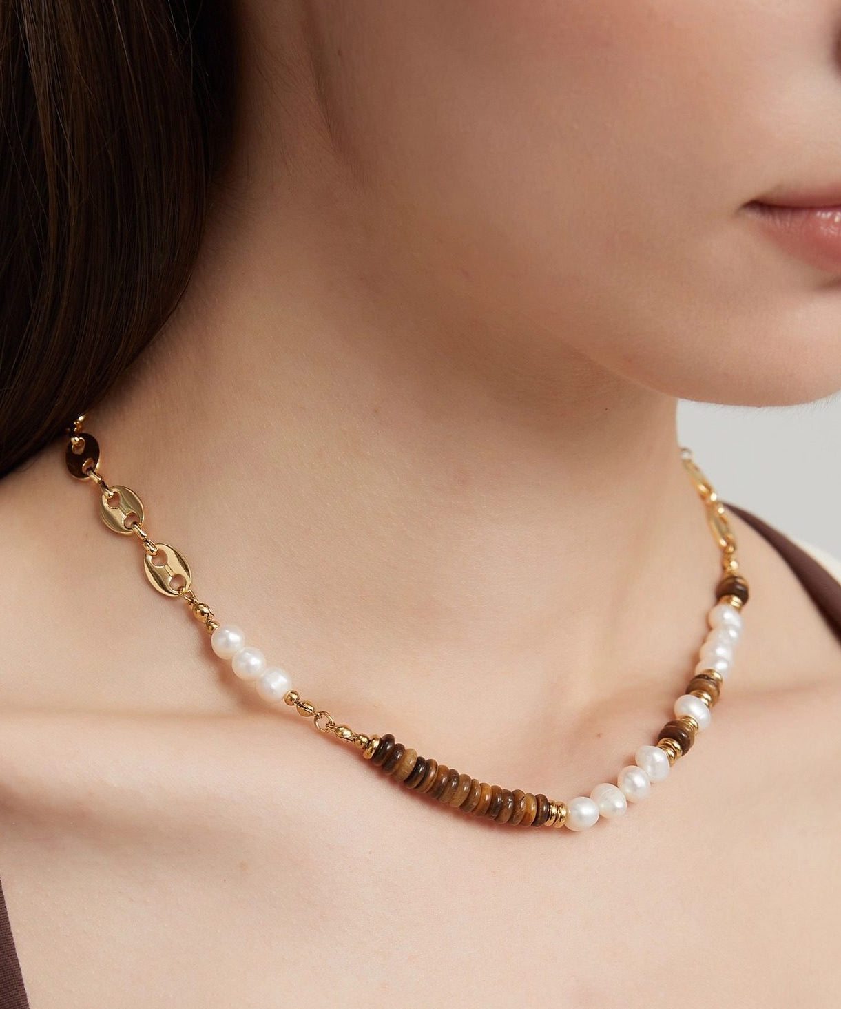 New Colorblockc Stainless Steel Tiger's Eye Patchwork Pearl Gratuated Bead Necklace