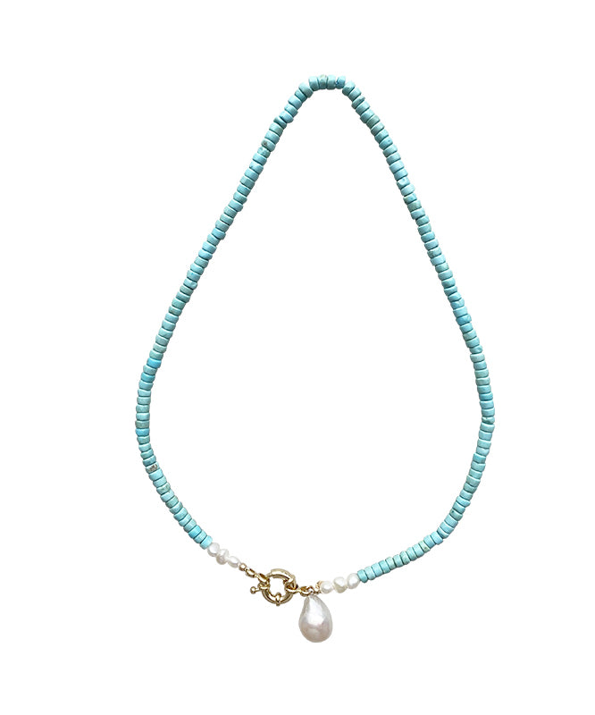 Green Copper Turquoise Pearl Pendant Necklace