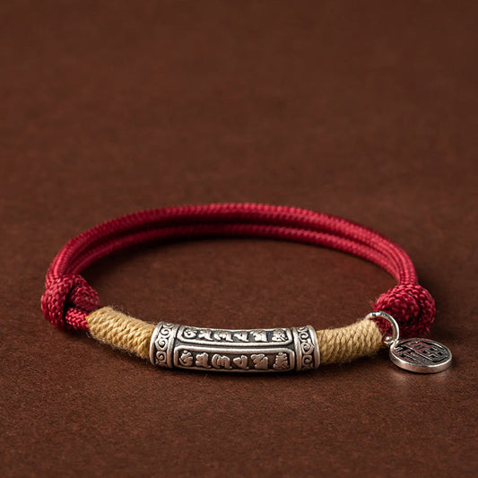 Buddha Stones 999 Sterling Silver Tibet Handmade Om Mani Padme Hum Fu Character Toprank Character Luck Braided Bracelet
