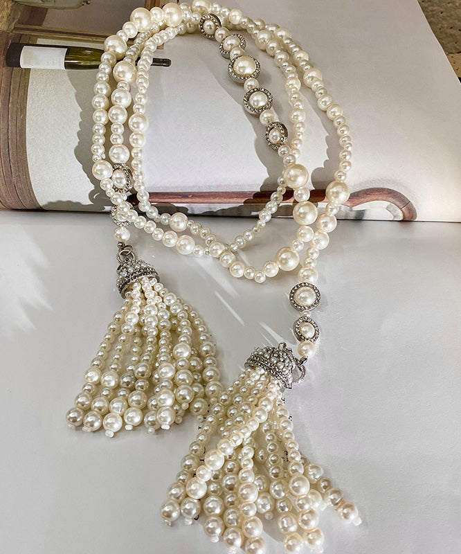 White Sterling Silver Zircon Double Layer Pearl Tassel Gratuated Bead Necklace