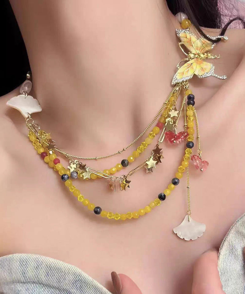 Yellow Alloy Zircon Beading Butterfly Star Pendant Necklace
