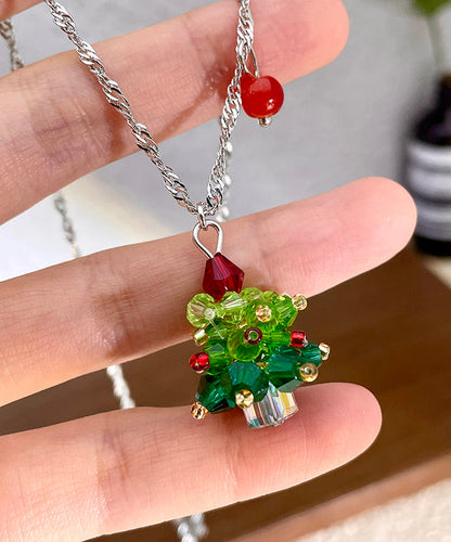 Green Stainless Steel Crystal Christmas Tree Pendant Necklace