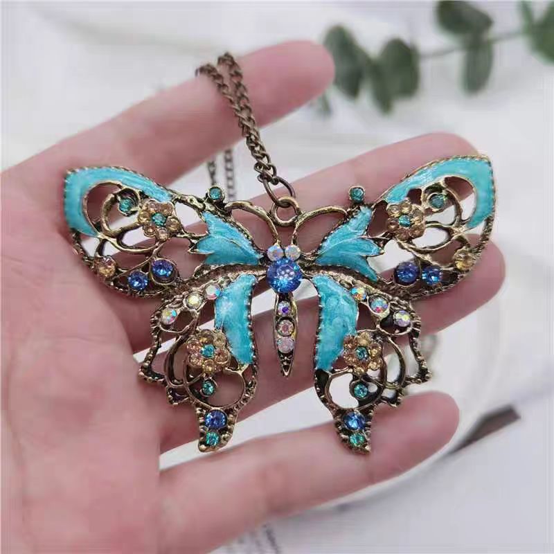 Sterling Silver Alloy Crysta Drop Oil Bronze Butterfly Pendant Sweater