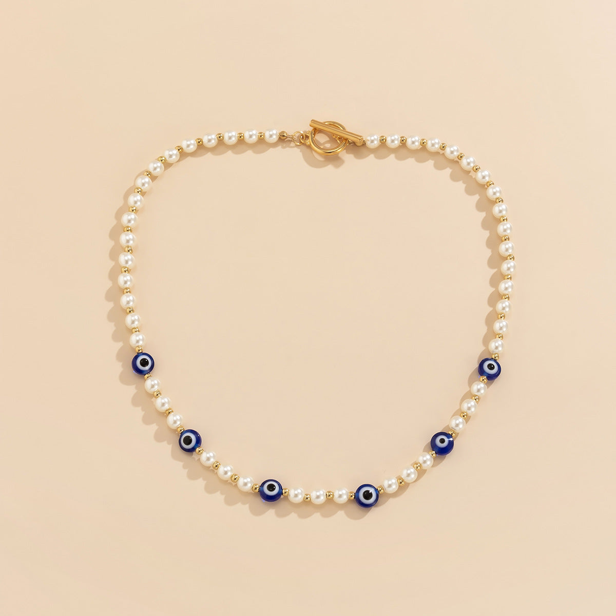 Geometric Simple Ot Buckle Single-layer Clavicle Chain Retro Stitching Artificial Pearl Eye Necklace