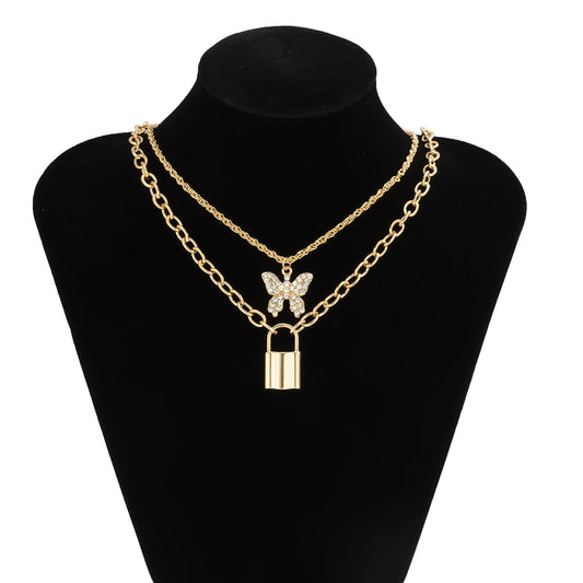 Inlaid Rhinestone Set Metal Necklace Personality Geometric Padlock Pendant Alloy Jewelry