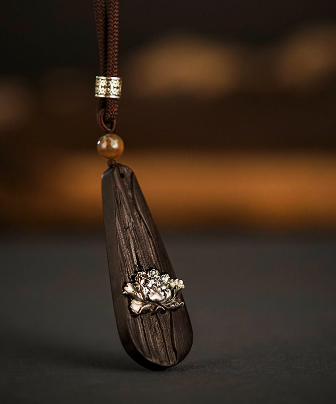Fine Black Hand Knitting Peony Water Drop Pendant Necklace