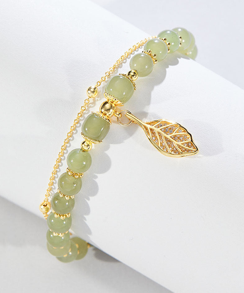 Green 18k Gold Inlaid Jade Zircon Leaf Charm Bracelet