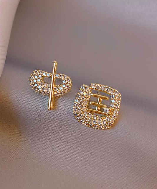 Art Gold 14k Gold Zircon Asymmetric Chinese Characters Stud Earrings