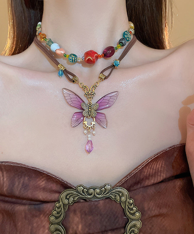 Purple Sterling Silver Alloy Crystal Butterfly Pendant Necklace