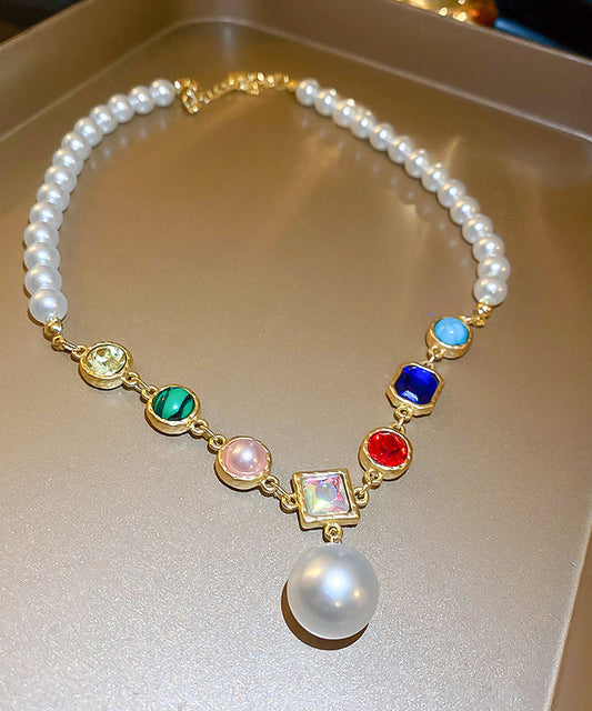 Rainbow Alloy Crystal Pearl Graduated Bead Necklace