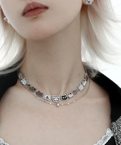 Silk Stainless Steel Graffiti Cat Double-layer Necklace