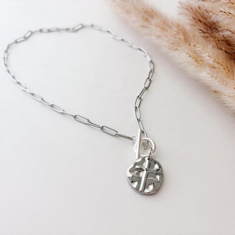 Paperclip Style Cross Coin Necklace