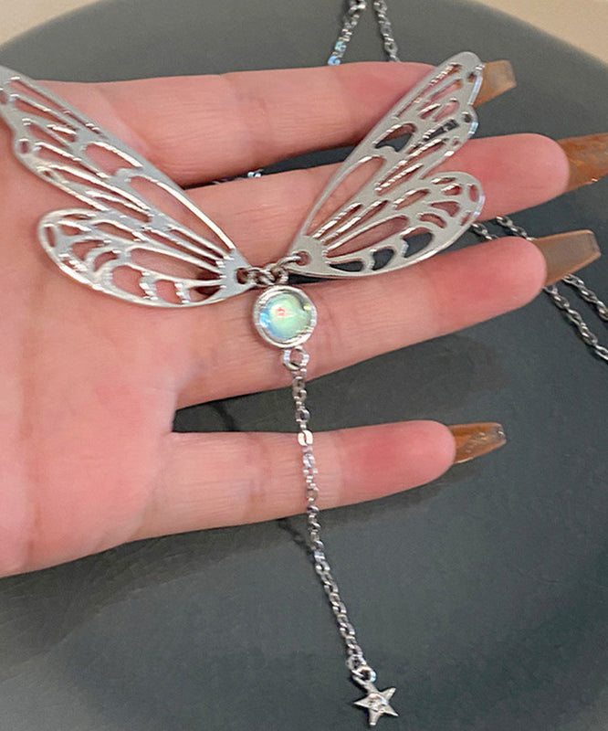 Silk Alloy Gem Stone Butterfly Wing Tassel Pendant Necklace