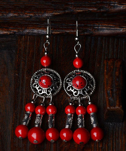 Red Stone Tibetan Style Silver Drop Earrings