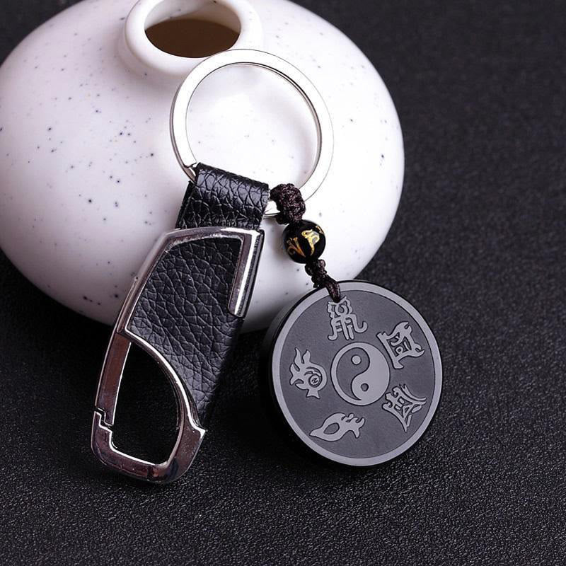 Buddha Stones Natural Black Obsidian Taoism Five Sacred Mountains Nine-character Mantra Carved Strength Yin Yang Necklace Pendant Key Chain