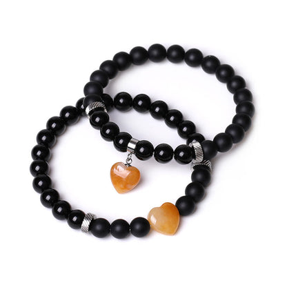 Buddha Stones 2pcs Black Onyx Crystal Stone Love Heart Protection Support Couple Bracelet