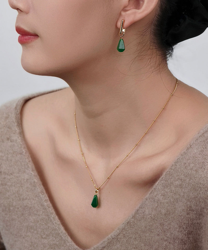 New Green Sterling Silver Water Droplet Agate Pendant Necklace