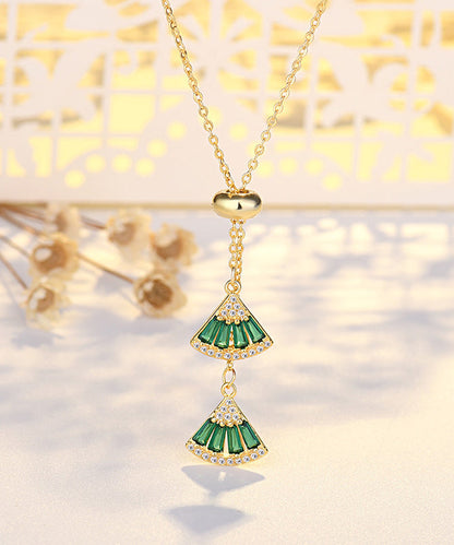 Green Copper Overgild Zircon Fan Shaped Pendant Necklace