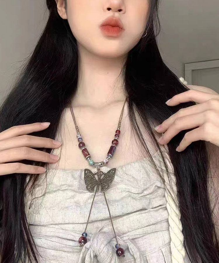 Red Alloy Gem Stone Butterfly Hollow Out Pendant Necklace