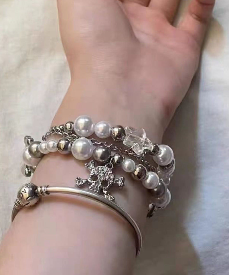 White Stainless Steel Star Double-layer Pearl Charm Bracelet