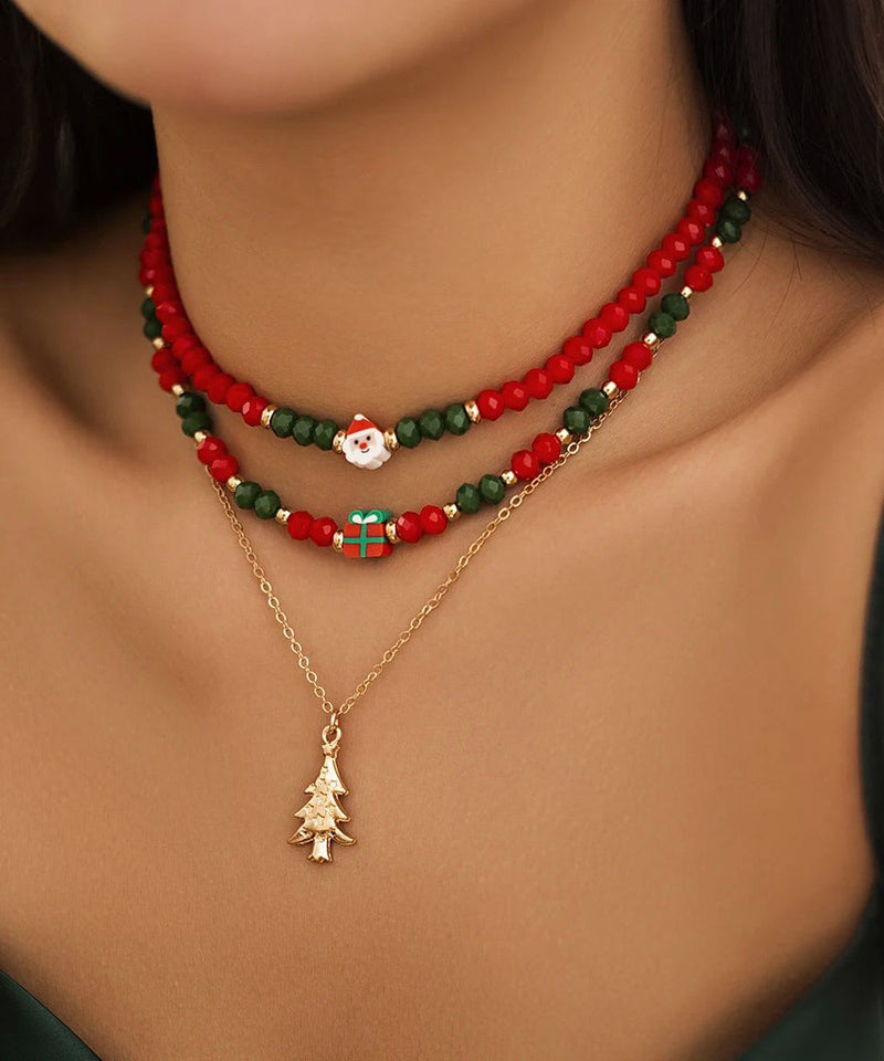 Korean Red and Green Crystal Beaded Clavicle Necklace