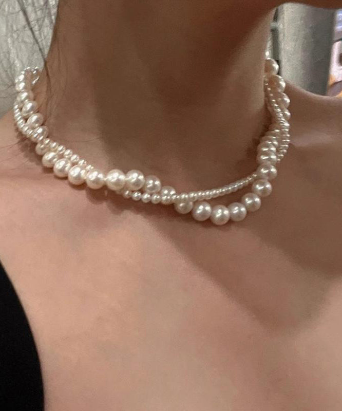 White Alloy Double-layer Pearl Gratuated Bead Necklace