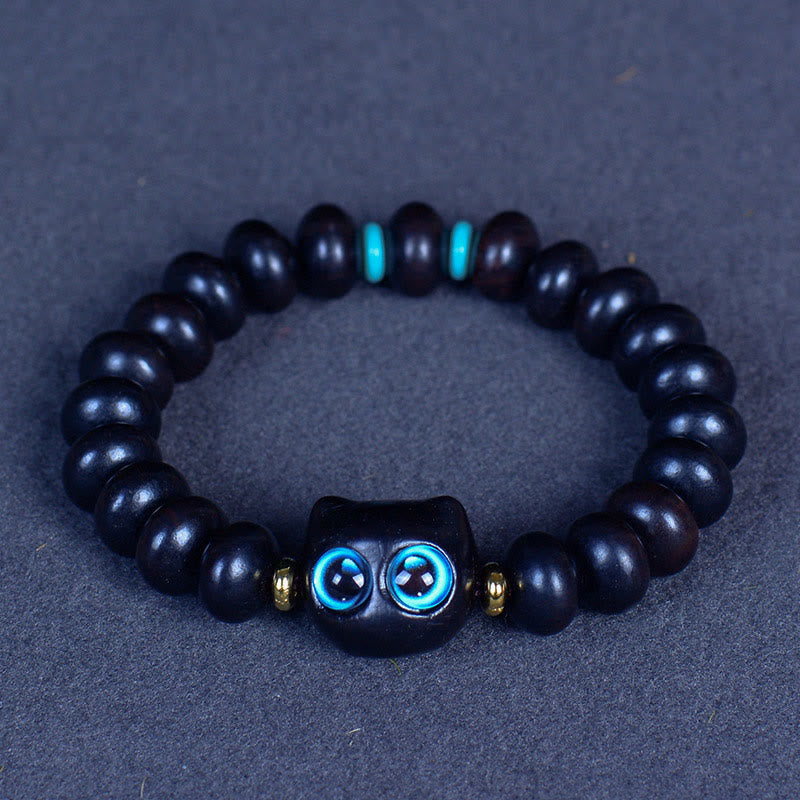 Buddha Stones Ebony Wood Liuli Glass Cat Peace Balance Bracelet