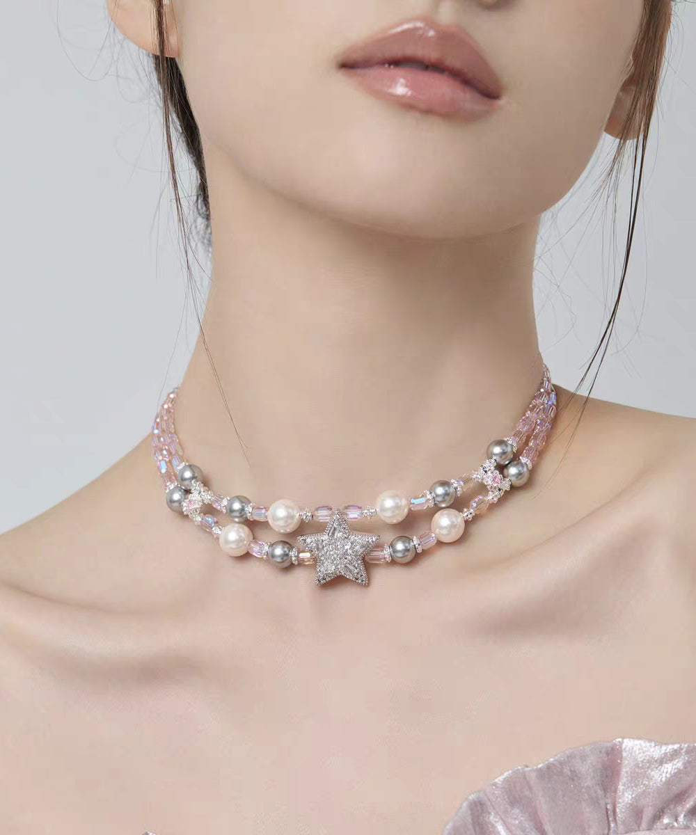 Original Design Rainbow Alloy Zircon Pearl Pentagram Double-layer Princess Necklace