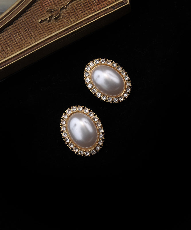 White Sterling Silver Overgild Zircon Pearl Stud Earrings
