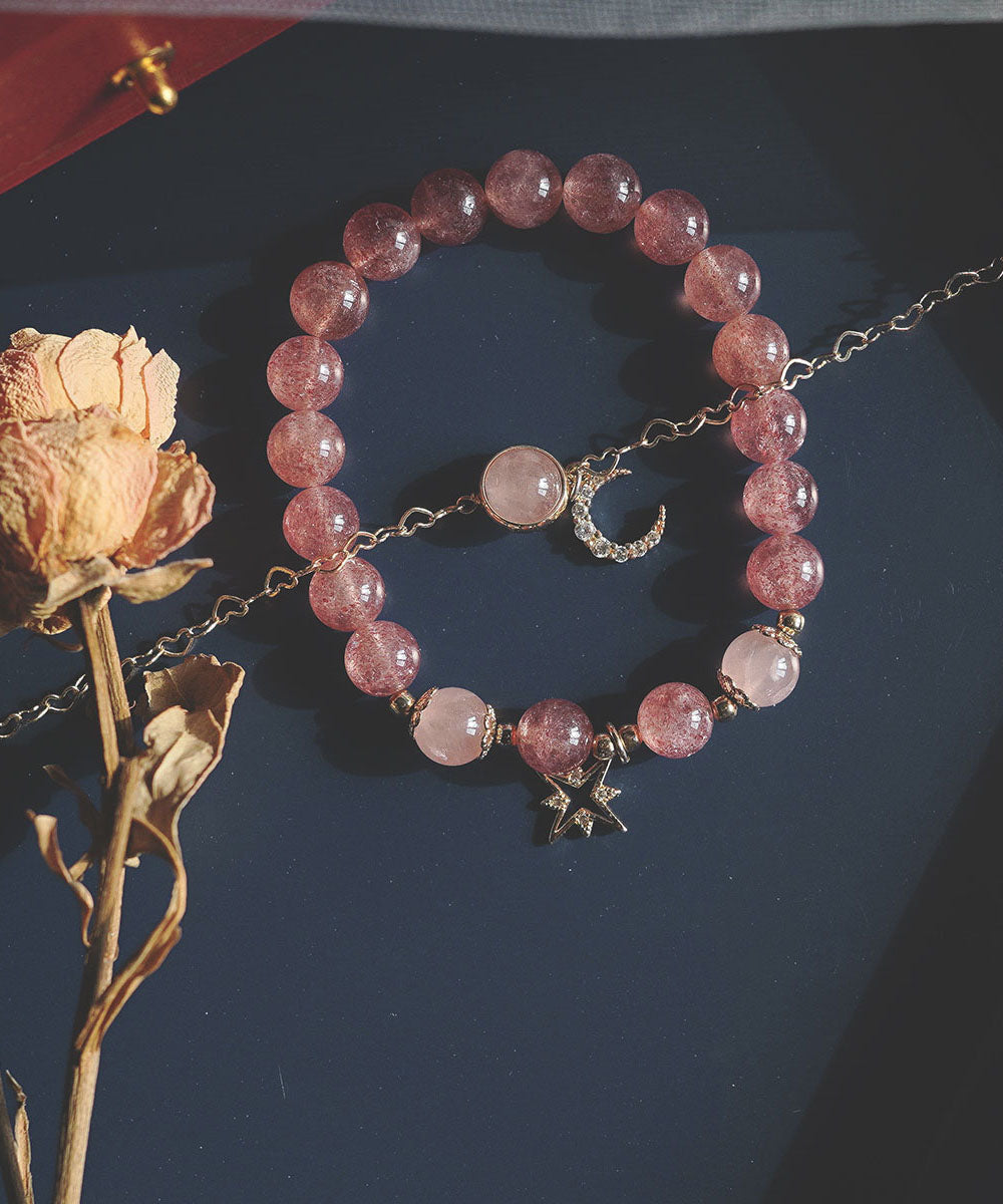 Pink 14k Gold Strawberry Crystal Zircon Star Moon Bracelet