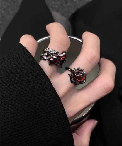 Dark Style Red Zircon Adjustable Metal Open Ring for