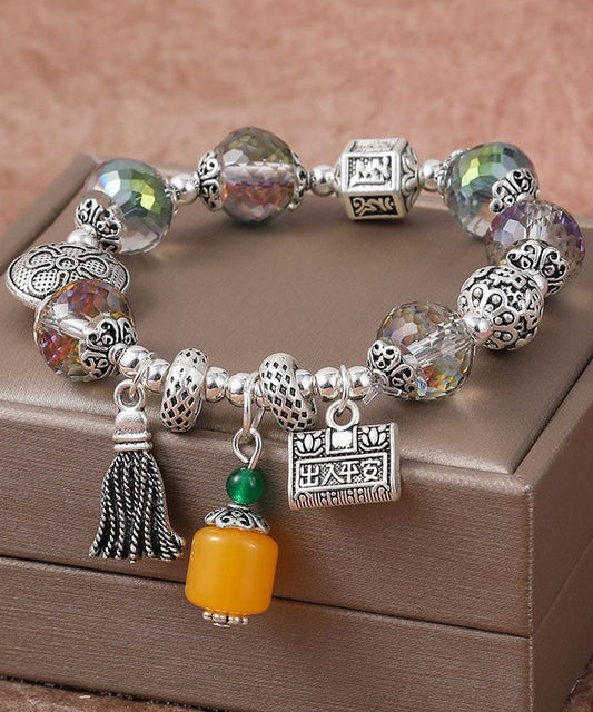 Retro Silk Sterling Silver Crystal Longevity Lock Tassel Charm Bracelet