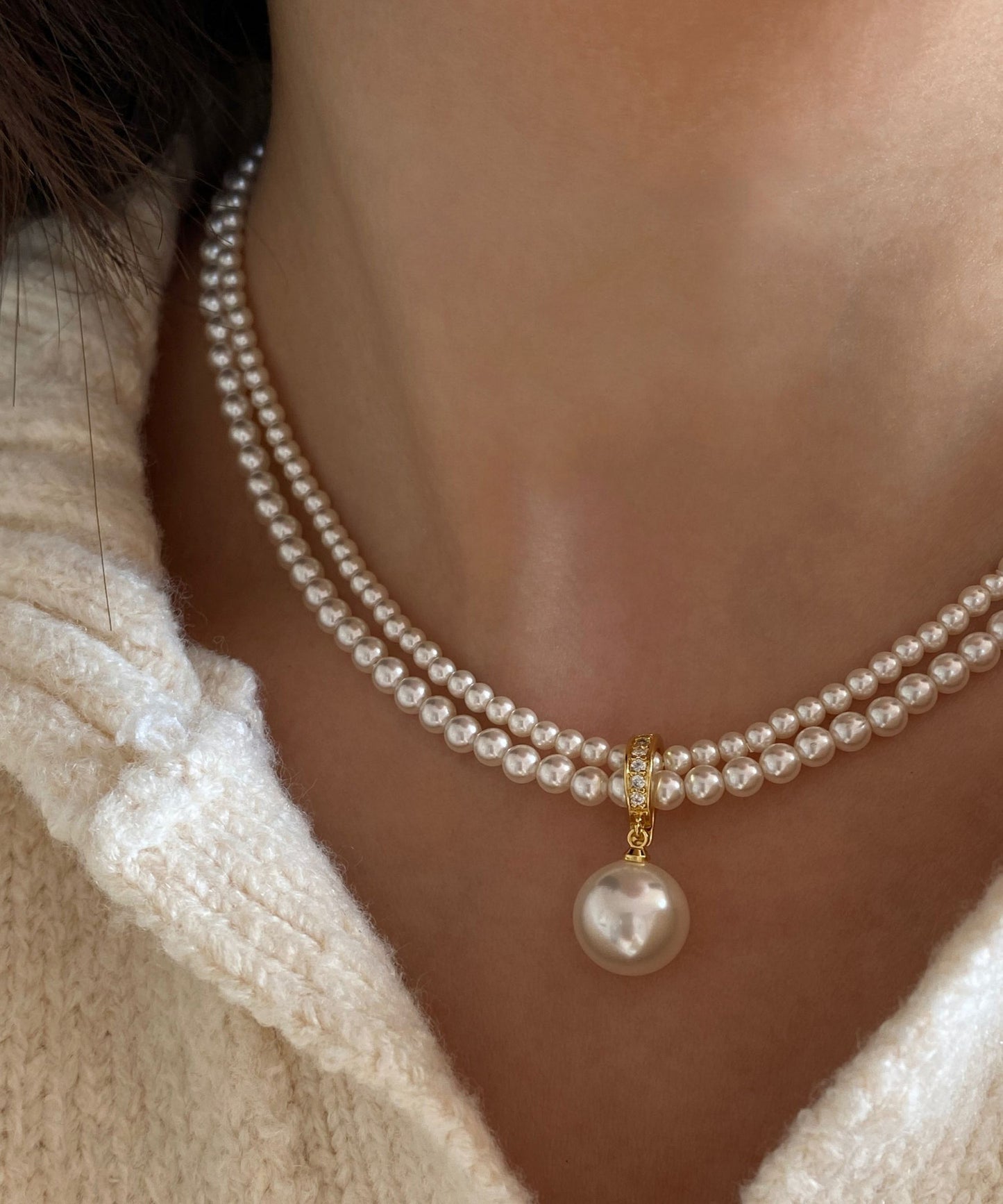 New White Pearl Double Layered Adjustable 14k Gold Choker