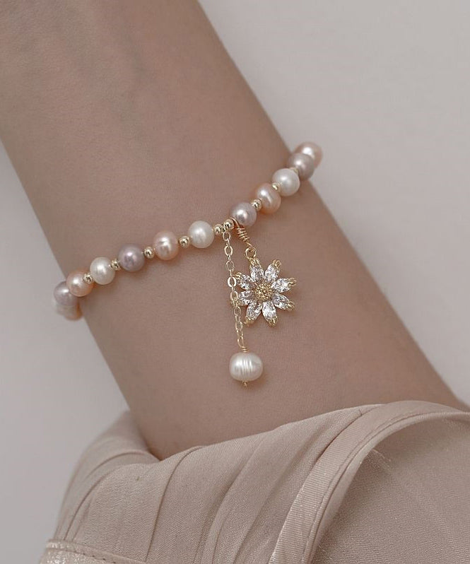 Multicolour Sterling Silver Overgild Zircon Pearl Sunflower Tassel Charm Bracelet
