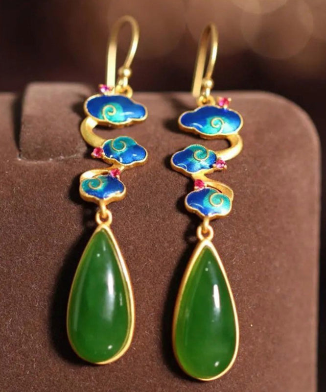 Green Sterling Silver Water Drop Hetian Jade Drop Earrings